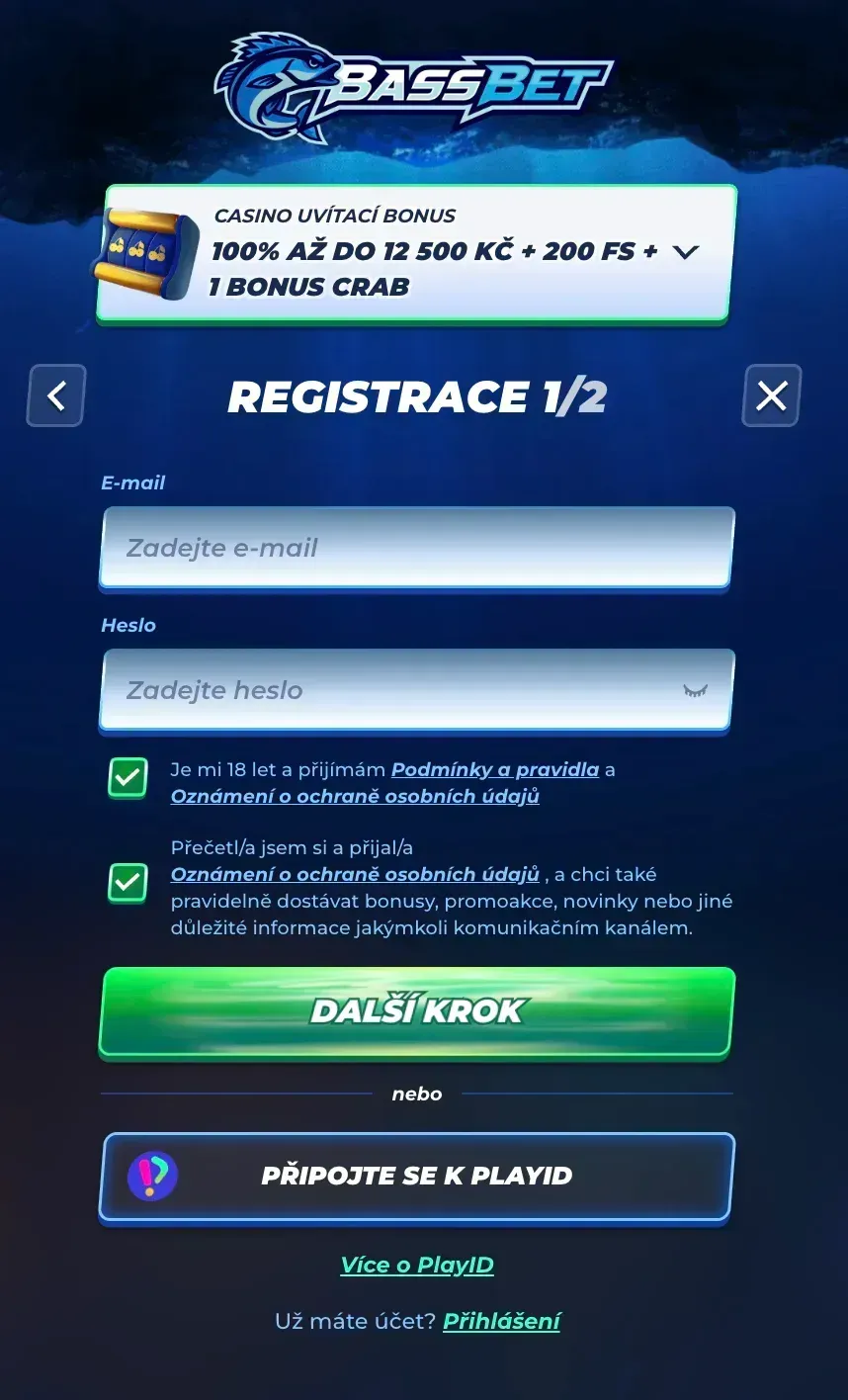 Registrace v Bassbet casino